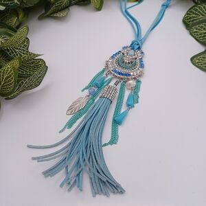 Blue Rhinestone And Leather Tassel Necklace